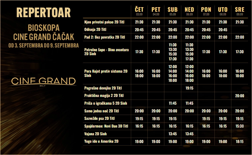 CINE GRAND – Bioskopski repertoar od 3. septembra do 9. septembra