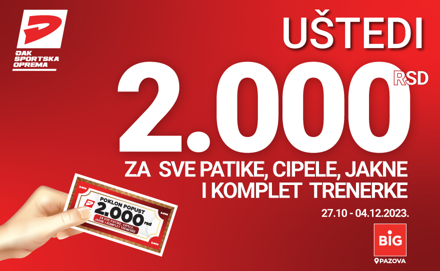 Iskoristi poklon popust od 2000 rsd. za kupovinu SVIH patika, cipela, komplet trenerki i jakni 🥾🧥