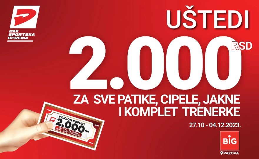 Iskoristi poklon popust od 2000 rsd. za kupovinu SVIH patika, cipela, komplet trenerki i jakni 🥾🧥