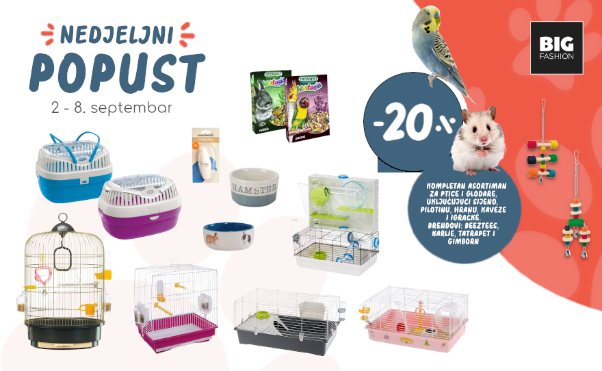 20% popusta na kompletan asortiman za ptice i glodare