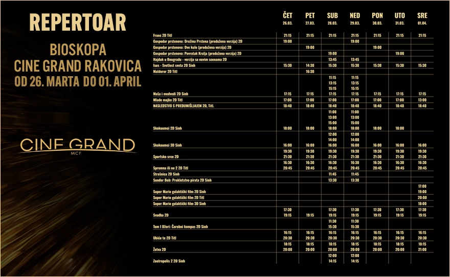 CINE GRAND – Bioskopski repertoar od 26. marta do 1. aprila