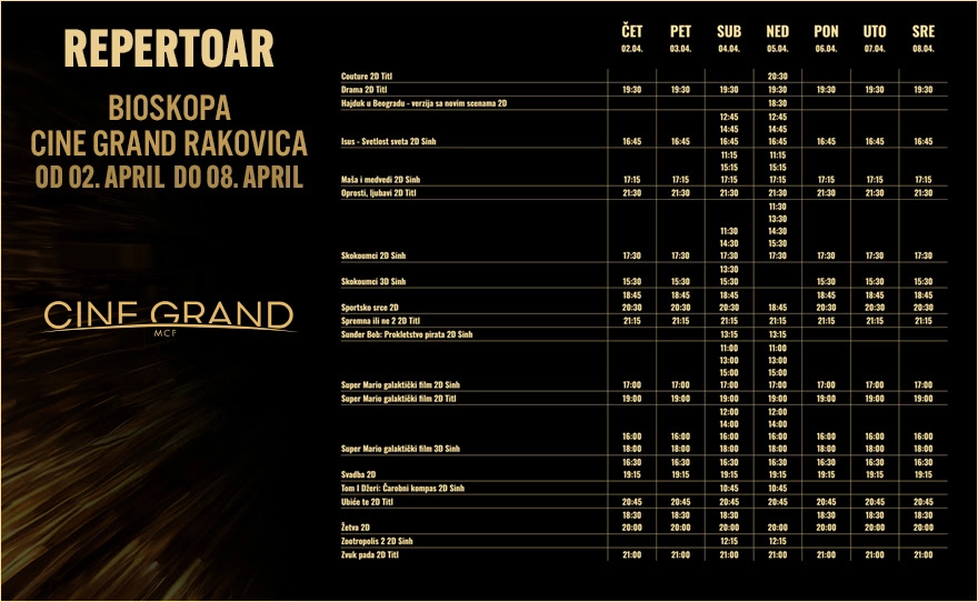 Bioskopski repertoar od 2. aprila do 8. aprila – CINE GRAND RAKOVICA