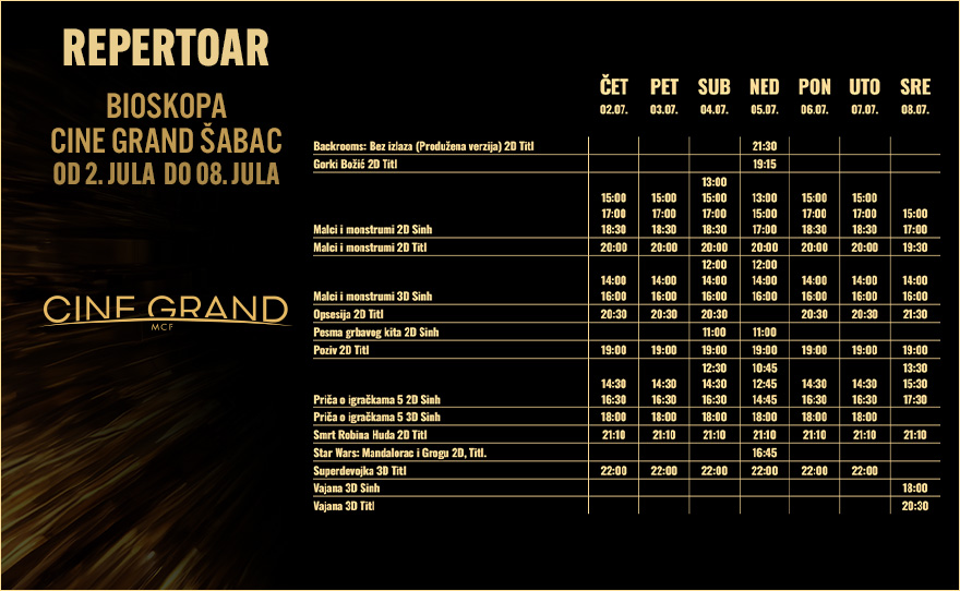 CINE GRAND – Bioskopski repertoar od 2. do 8. jula