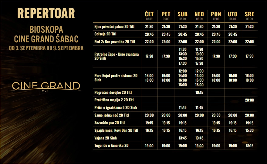 CINE GRAND – Bioskopski repertoar od 3. septembra do 9. septembra
