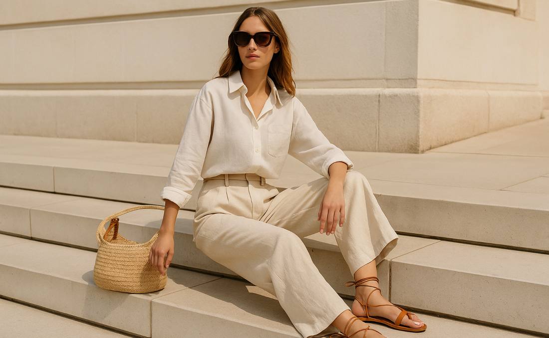 Žena u lepim lanenim pantalonama, ko&scaron;ulji i sandalama.