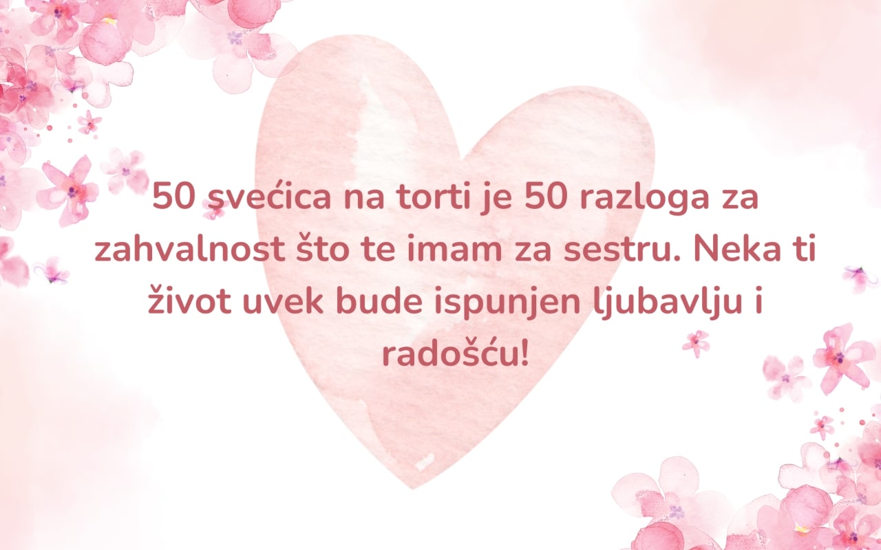 Rođendanska čestitka za sestru povodom 50. rođendana, sa nežnim bojama i emotivnom porukom.